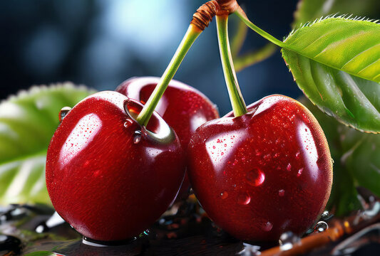 Fresh cherry. Cherry close up. High quality illustration. This photo was created using Playground AI 