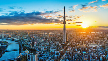 Aerial view of Tokyo cityscape at sunrise, Japan.