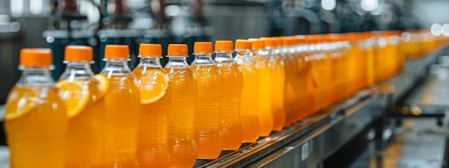 Foto op Plexiglas Orange Juice Bottles Roll Off the Modern Production Line. Advanced Technology Ensures Freshness & Purity. Innovation in a Classic Beverage. © JovialFox