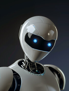 Portrait jusqu'au torse d'un robot humanoïde au corps blanc,  le visage noir avec des yeux ronds bleus sur fond sombre. 