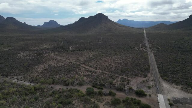 Baja california sur valley road to loreto mountains Aerial drone footage