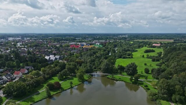 An aerial drone view of colorful buildings in M&uuml;nster, Germany.