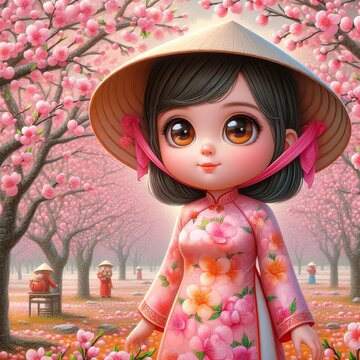 oil painting chibi style of a little girl wearing vietnamese ao dai with many Peach blossom trees, lunar new year concept