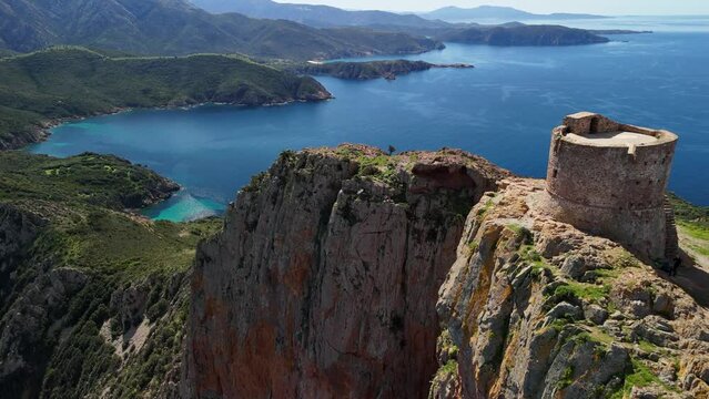 Aerial shot of the Genoese tower at Capo Rosso in Corsica with a 4K drone