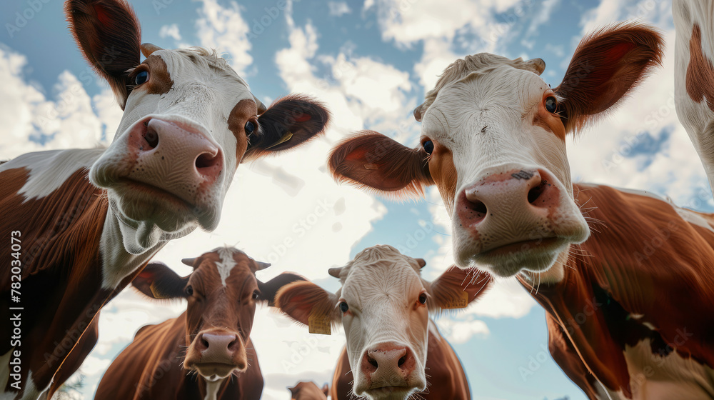 Poster a group of cows are standing in a field with the sun shining on them. they are all looking at the ca