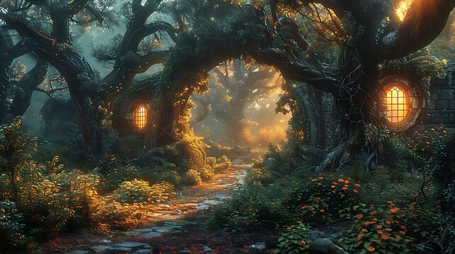 The hobbit house at the morning with sunrise light