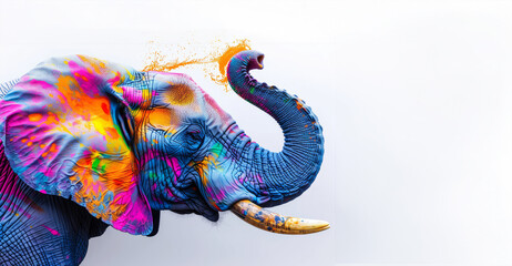 A colorful elephant with a spray paint splatter on its trunk. elephant is the main focus of the...