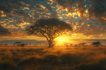 Explore the silent symphony of the savanna at dawn, as the first rays of sunlight kiss the horizon, awakening the savanna to a chorus of colors, textures, and hidden wonders waiting to be discovered - obrazy, fototapety, plakaty