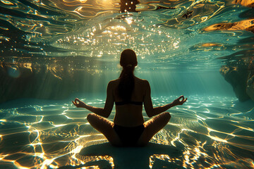 Underwater Yoga: silhouette of woman practicing yoga poses underwater in a clear pool, creating an ethereal feel. wellness, mindfulness
