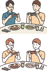 Fototapeta na wymiar Illustration of two men taking photos of food