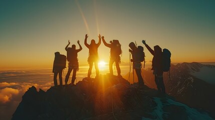 Silhouette of group of hikers reaching the top of the mountain. Concept: sport, hiking
