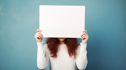 Studio shot young woman with a large white page over her face blue pastel color background.