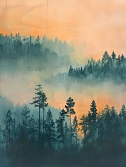 Tranquil pine forest landscape takes center stage in this abstract background with muted tones.