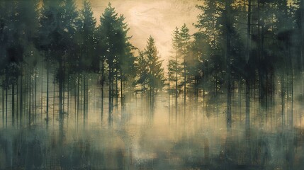Soft, muted hues evoke a sense of serenity in this abstract rendition of a pine forest. - obrazy, fototapety, plakaty