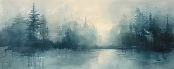 Soft, muted hues evoke a sense of serenity in this abstract rendition of a pine forest. - obrazy, fototapety, plakaty
