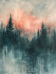 Soft, muted hues evoke a sense of serenity in this abstract rendition of a pine forest.