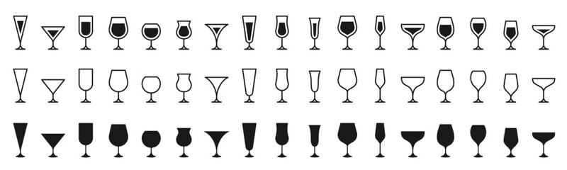 Set of different glasses line icon. Wineglass icon Isolated over transparent