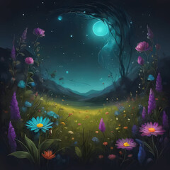 Fototapeta na wymiar Landscape at Night with Flowers and Planets