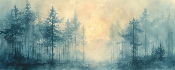Soft hues and muted tones create a dreamy atmosphere in this abstract depiction of a pine forest. - obrazy, fototapety, plakaty