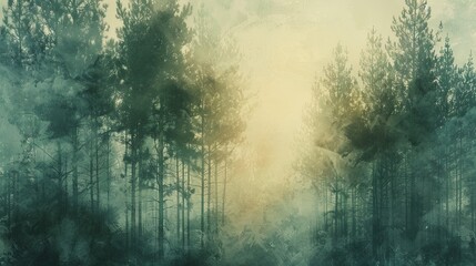 Muted color palette enhances the enchanting beauty of a pine forest in this abstract scene.