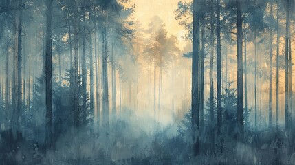 Muted color palette enhances the enchanting beauty of a pine forest in this abstract scene.