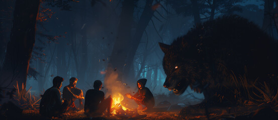 Young school boys telling scary campfire stories with a werewolf watching from the dark woods. Summer camp scary dogman wolf story. - obrazy, fototapety, plakaty