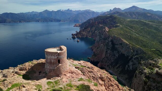 Aerial shot of the Genoese tower at Capo Rosso in Corsica with a 4K drone