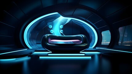 Captivating Futuristic Retro Room Design with Cutting-Edge Technology and Sleek Geometric Aesthetics