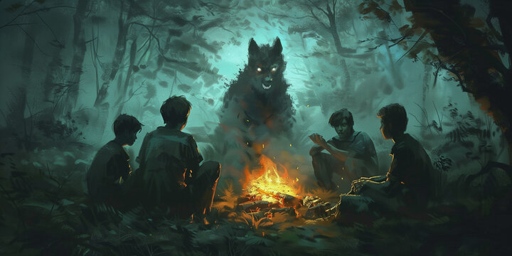 Young school boys telling scary campfire stories with a werewolf watching from the dark woods. Summer camp scary dogman wolf story.
