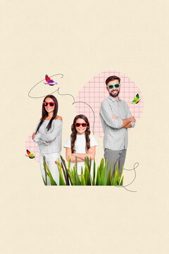 Photo cartoon comics sketch collage picture of small girl mom dad wear dark glasses hands crossed folded isolated creative background