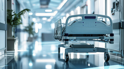 A hospital bed is positioned in the middle of a hallway, creating an obstruction in the passage - obrazy, fototapety, plakaty