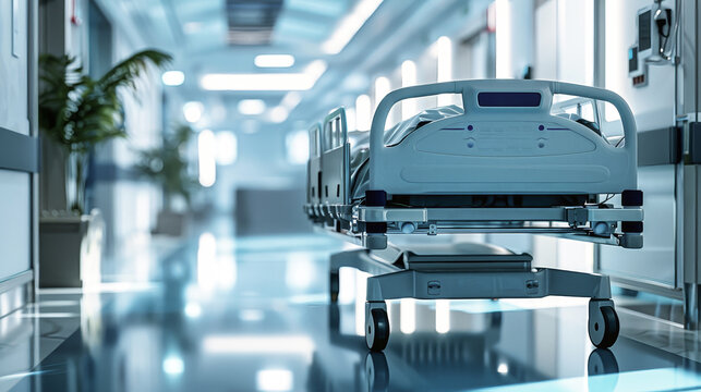 A hospital bed is positioned in the middle of a hallway, creating an obstruction in the passage