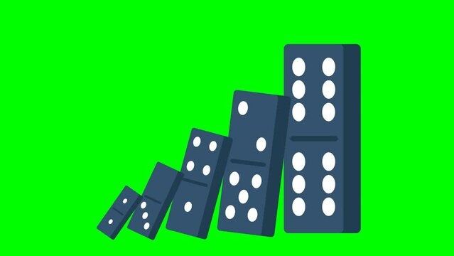 Dominoes from small to large. Big consequences from a small cause. Cause and effect. Domino's effect concept. Start the process of solving problems. 2d flat animation. Alpha channel. Chroma key