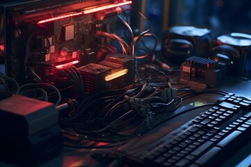 Cyberpunk-Inspired Computer Hardware and Electronic Equipment in a Detailed,High-Contrast Futuristic Setting