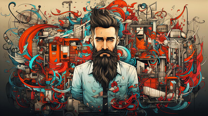 Barber shop collage: A bearded hipster portrait with a mix of various elements in a composition in cartoon style.