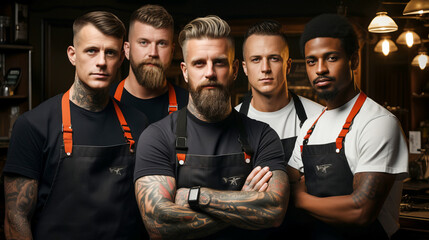 Portrait of barbers team dressed in traditional apron uniforms.
