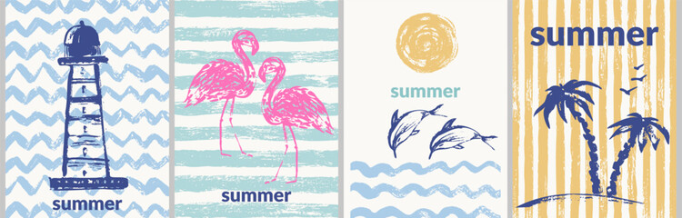Summer striped and wavy patterns with lighthouse, flamingo, dolphins, palm trees, sun, sea waves © katyabogina
