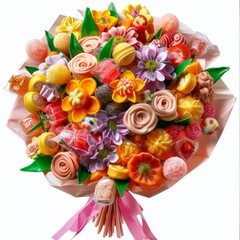 Fototapeta na wymiar Edible Candy Bouquet, Surprising Sweet Bouquet of Products as an Original Gift, Unusual Grocery Bouquet