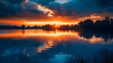 Dramatic sunset over a tranquil lake.


