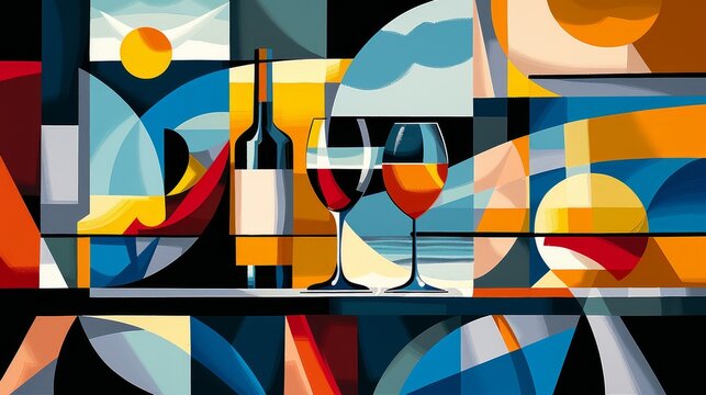 Geometric Cubist Style Still Life with Wine and Glass
