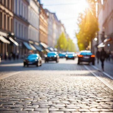 Blurred background of a city street with cars in perspective. Layout for design.