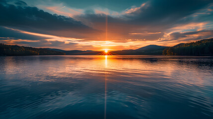 Dramatic sunset over a tranquil lake.


