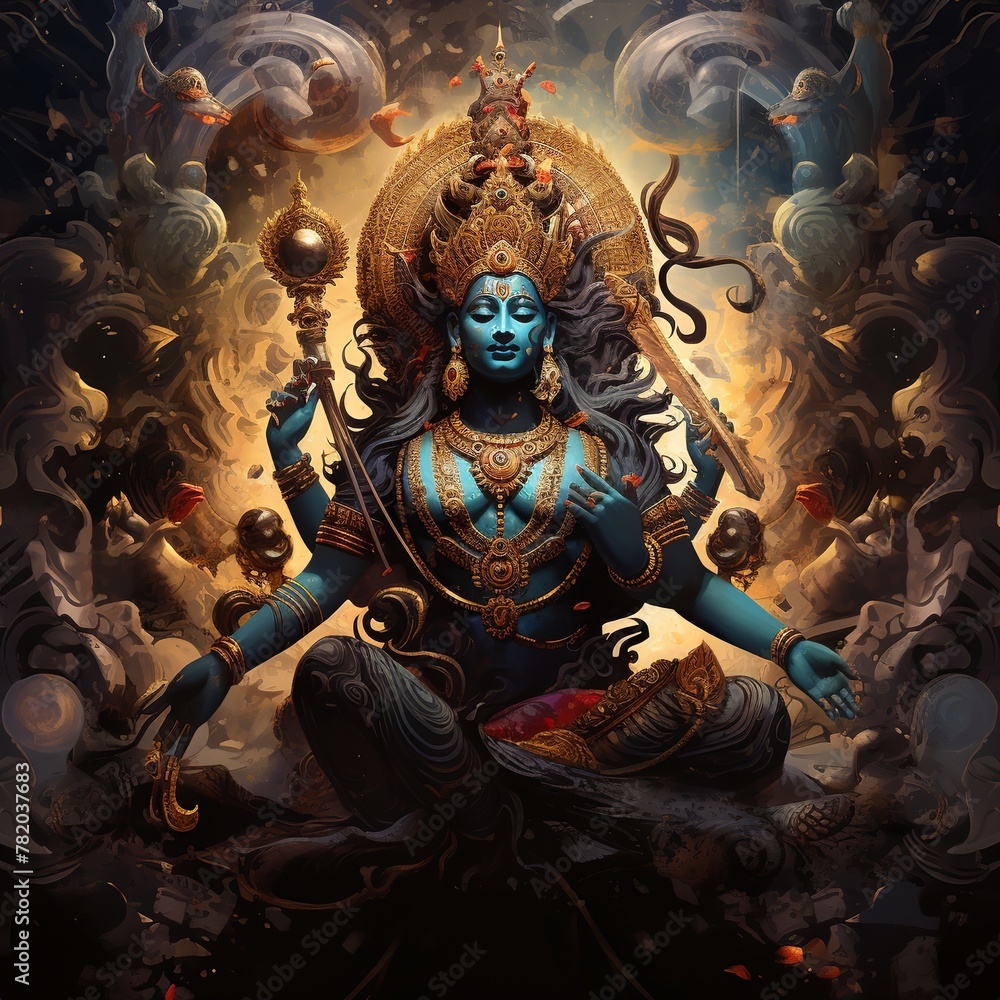 Wall mural illustration of Hindu god in illusion world, Generative ai