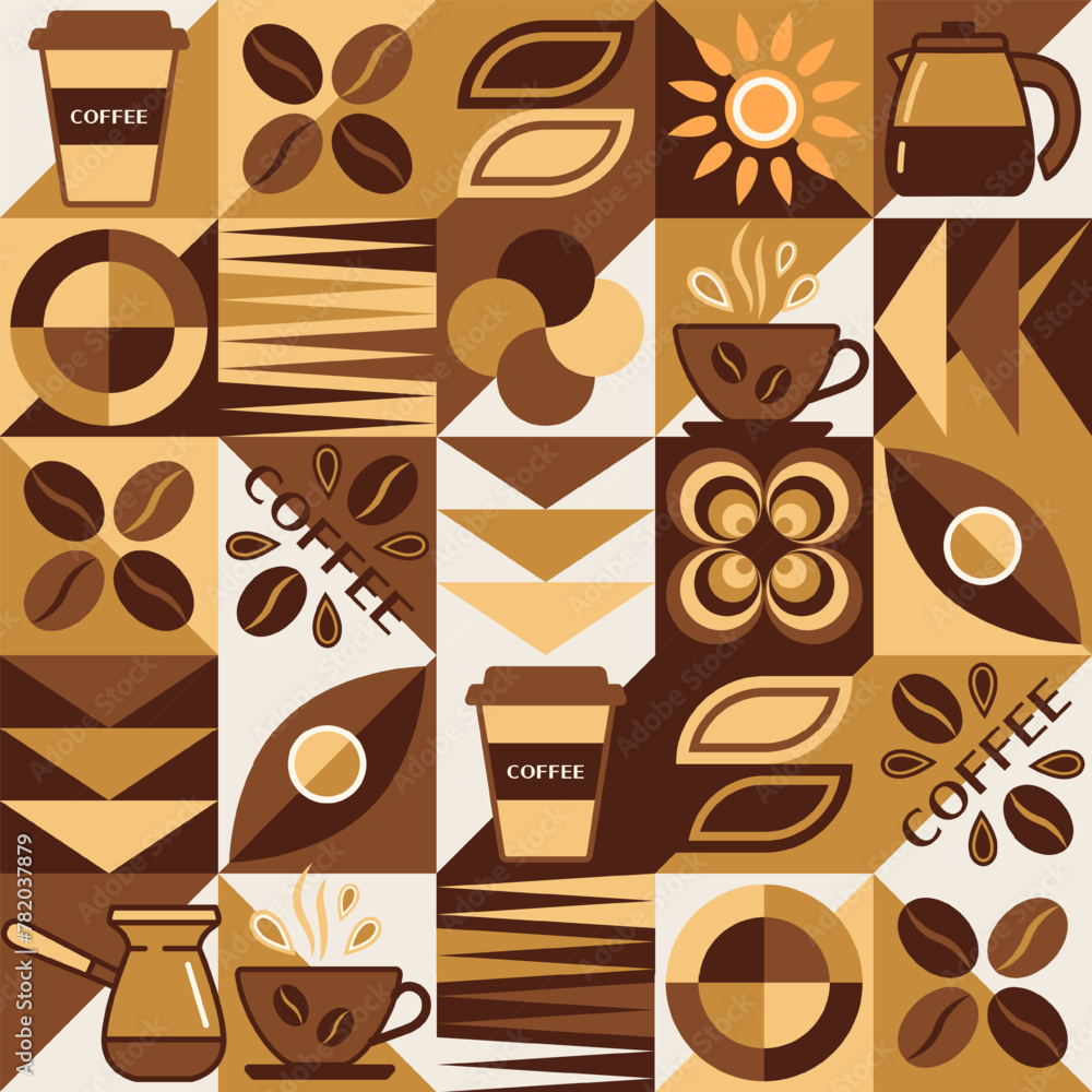 Poster coffee theme background with design elements in simple geometric style. seamless pattern with abstra