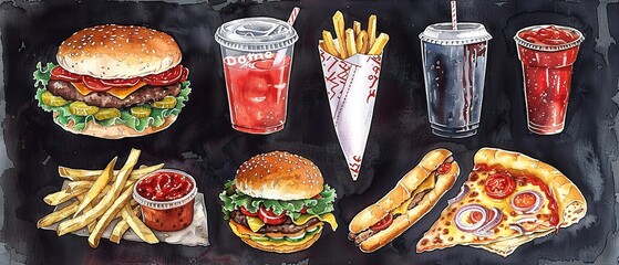 watercolor Fast Food and Street Food: Burgers, fries, pizza, and other fast food items are popular for their visual appeal and cultural relevance. - obrazy, fototapety, plakaty