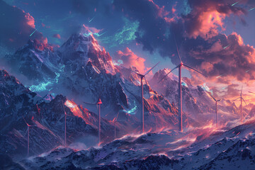 Generate abstract windmills set against a majestic mountain backdrop, with snow-capped peaks and a dramatic sky - obrazy, fototapety, plakaty