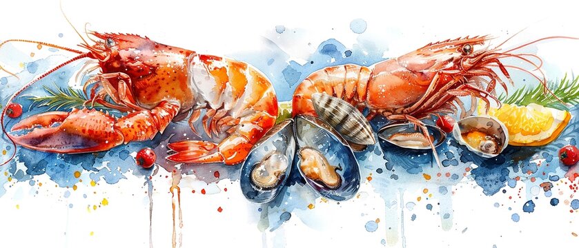 watercolor Seafood: Fish, shellfish, and other seafood images cater to specific culinary uses and restaurant marketing.