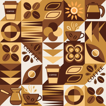 Coffee theme background with design elements in simple geometric style. Seamless pattern with abstract shapes. For branding, decoration of food package, cover design, decorative print
