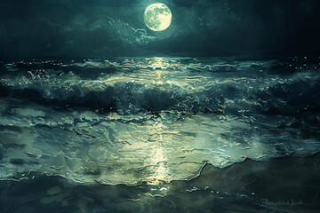 Generate an abstract depiction of the serene beauty of a moonlit beach, with shimmering waves lapping against the shore, and the silvery glow of the moon casting an otherworldly light on the landscape - obrazy, fototapety, plakaty
