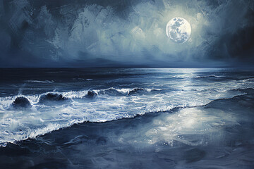 Generate an abstract depiction of the serene beauty of a moonlit beach, with shimmering waves lapping against the shore, and the silvery glow of the moon casting an otherworldly light on the landscape - obrazy, fototapety, plakaty